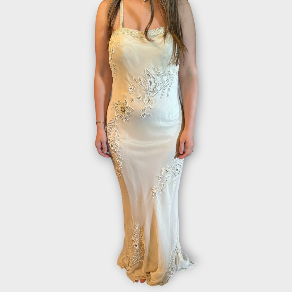 VTG Scala Silk Slip Dress Wedding Formal Beads Sequins Embroidery Ivory Sz Large